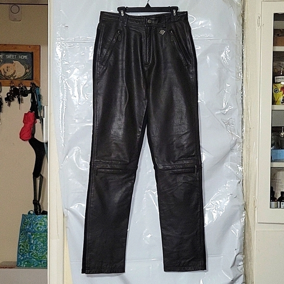 HARLEY DAVIDSON Leather Biker Pants Zippered Pockets Motorcycle Moto Riding Sz 6 - Picture 1 of 8